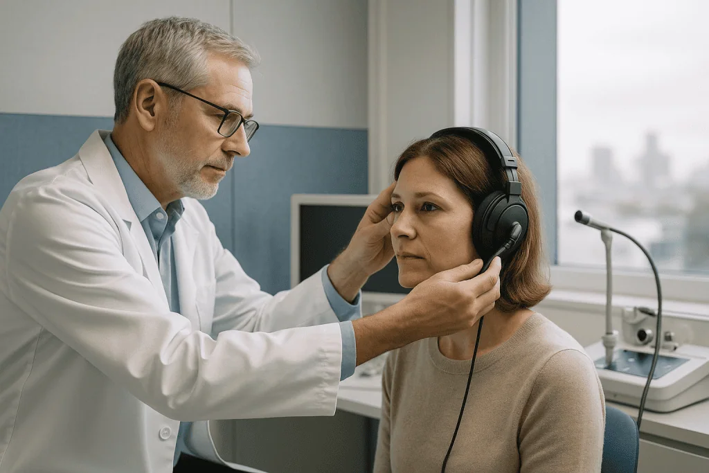 Nasal Polyps 1 ENT specialist examines patient with headphones in a clinic setting.