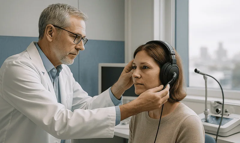 ENT specialist examines patient with headphones in a clinic setting.