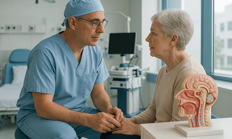 ENT specialist consulting elderly woman in hospital room with nasal anatomy model.