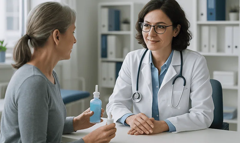 Doctor consulting with patient about nasal spray treatment options.