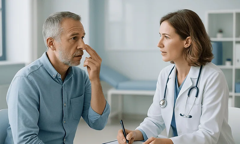 Doctor explaining nasal issues to a patient in a consultation room.