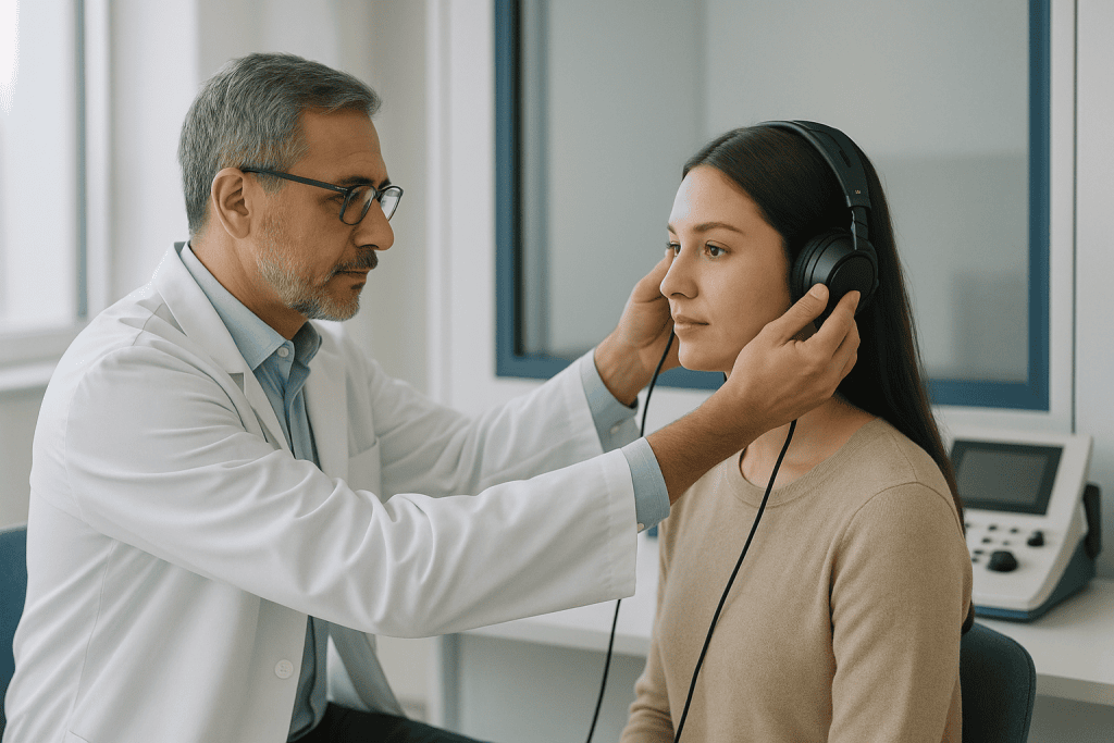 Nasolabial Cyst 1 ENT specialist examining a young woman's ear with headphones in a clinical setting.