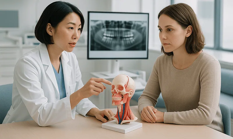 Dentist explaining oral anatomy to patient with skull model in clinic.