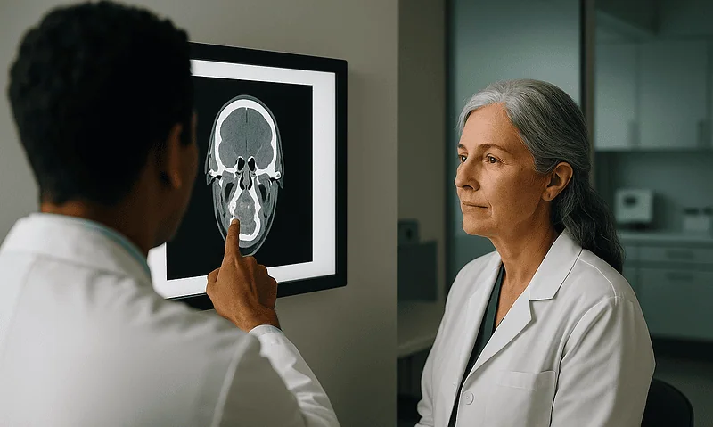 Doctor examining a brain scan in a medical consultation room.
