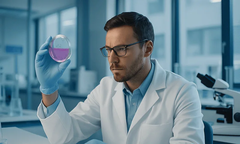 Scientist examining a purple liquid in a laboratory setting.