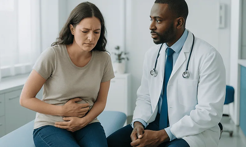 Patient experiencing stomach pain during medical consultation.