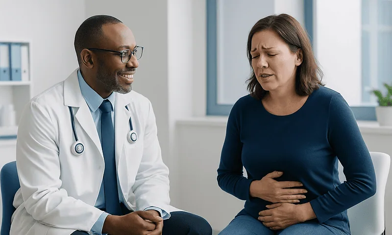 Doctor consulting with a woman experiencing stomach discomfort in a medical office.