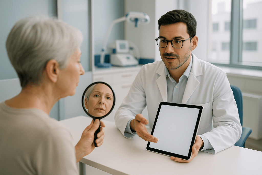Neck And Face Lift 1 Doctor consulting with elderly woman about facial treatment options.