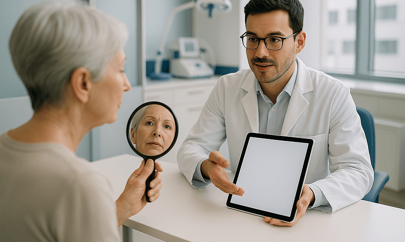 Doctor consulting with elderly woman about facial treatment options.