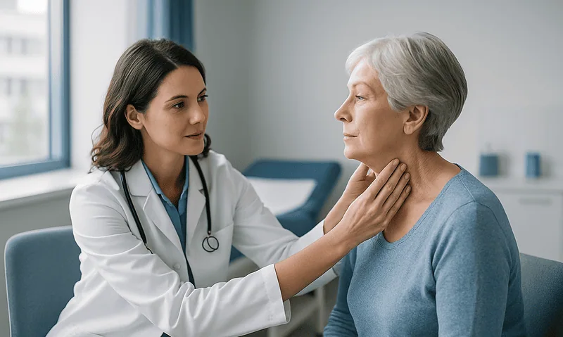 Doctor examining elderly woman's neck in a medical consultation.
