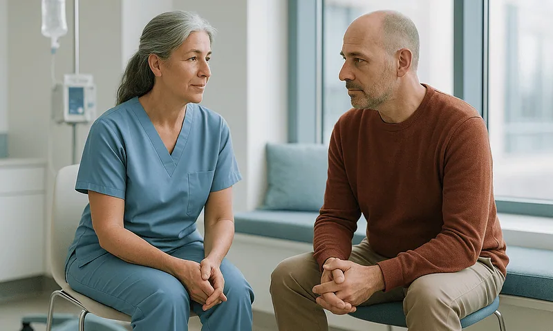 Doctor and patient having a consultation in a hospital room.