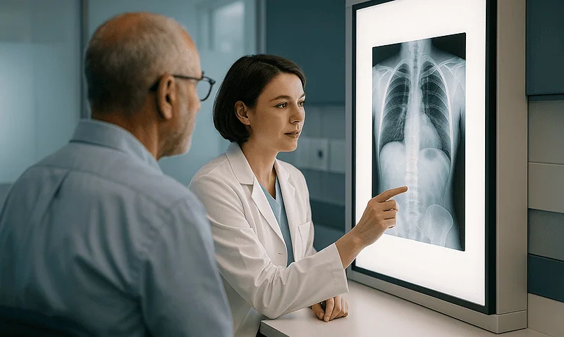 Doctor explaining chest X-ray to patient in a medical office.