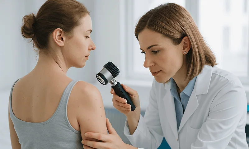 Doctor examining patient's shoulder with a dermatoscope in a clinical setting.