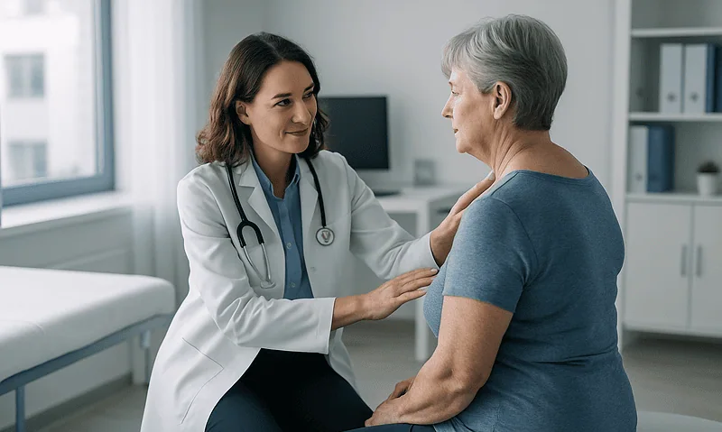 Doctor examining a woman with neck hump in a medical office.