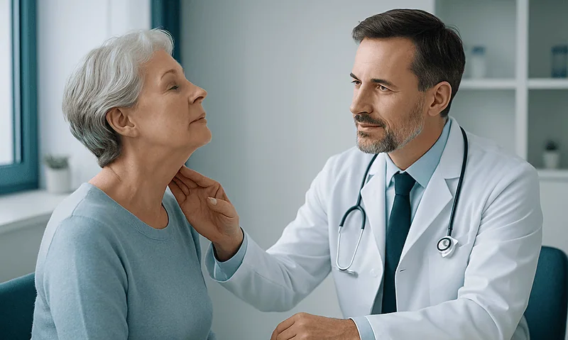 Doctor examining an elderly woman's neck in a medical consultation.