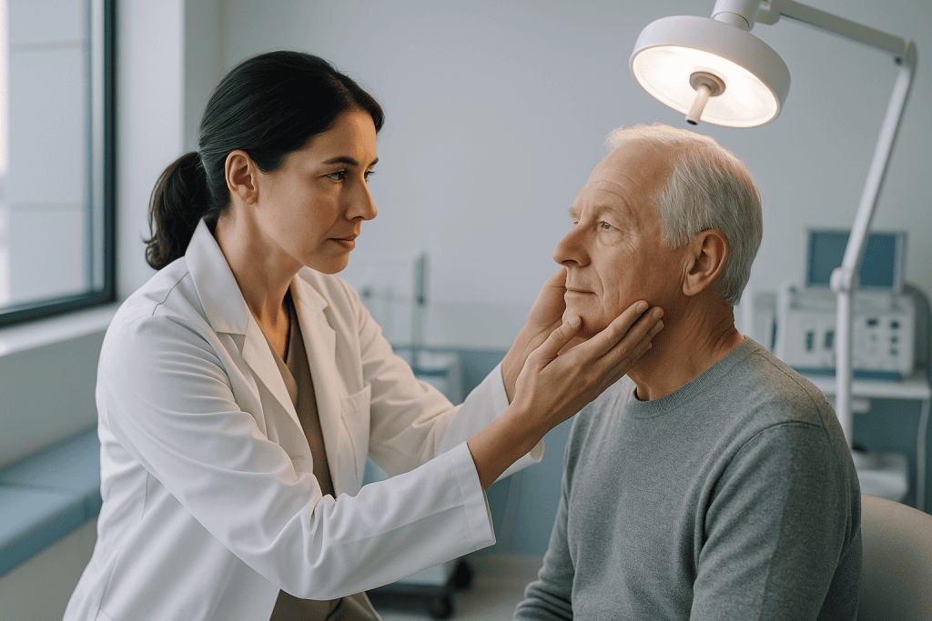 Neck Lift 1 Doctor examining elderly man's neck in a medical consultation room.