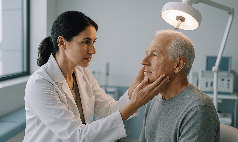 Doctor examining elderly man's neck in a medical consultation room.