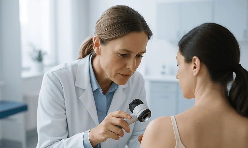 Neck Lift After Major Weight Loss: How Surgeons Plan for Extra Skin and Thin Tissue 4 Doctor examining patient's skin with a dermatoscope in a clinical setting.