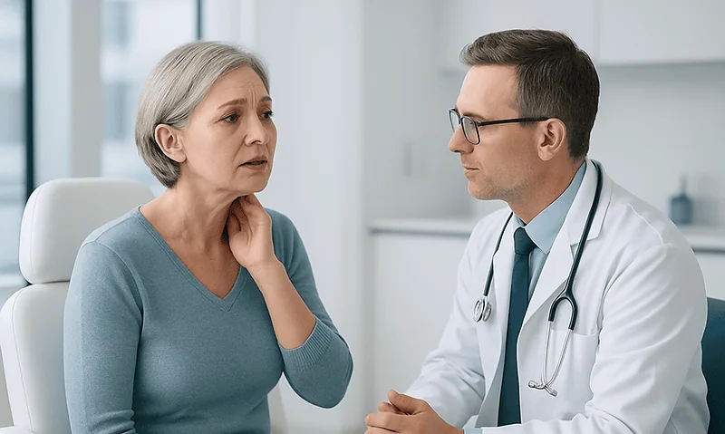 Doctor consulting with an older woman about neck lift complications.