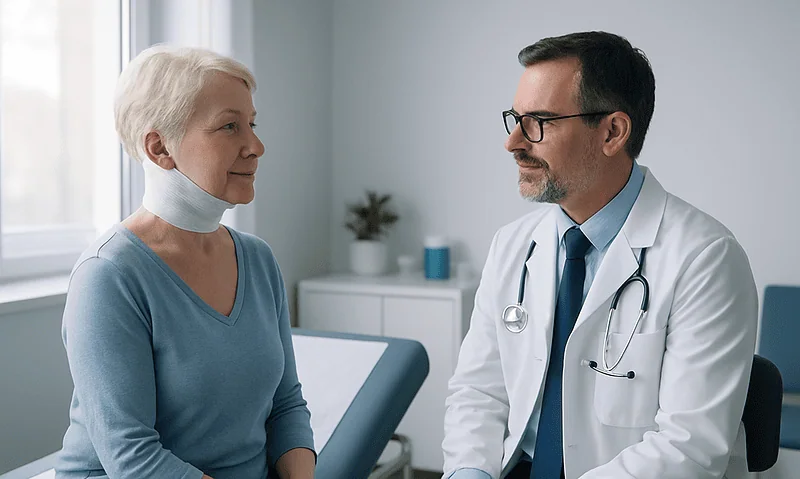 Doctor consulting with an elderly woman patient in a medical office.