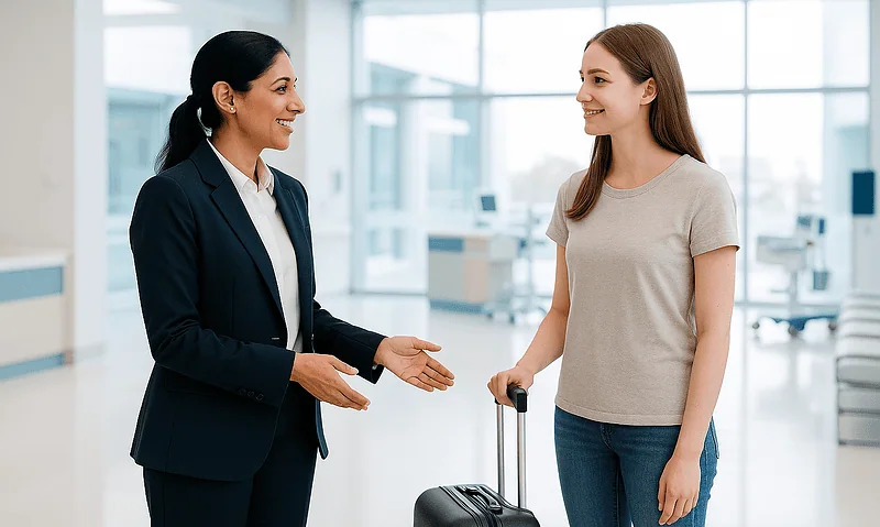 Hospital staff member speaking with a patient at the airport.