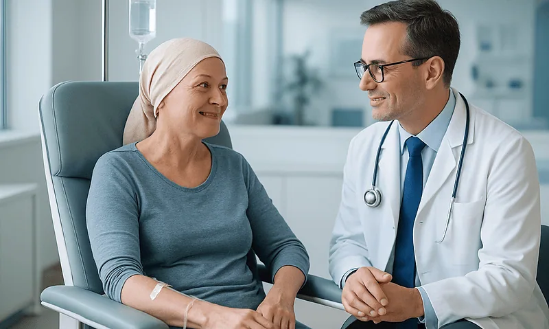Doctor consulting with a female patient in a hospital room.