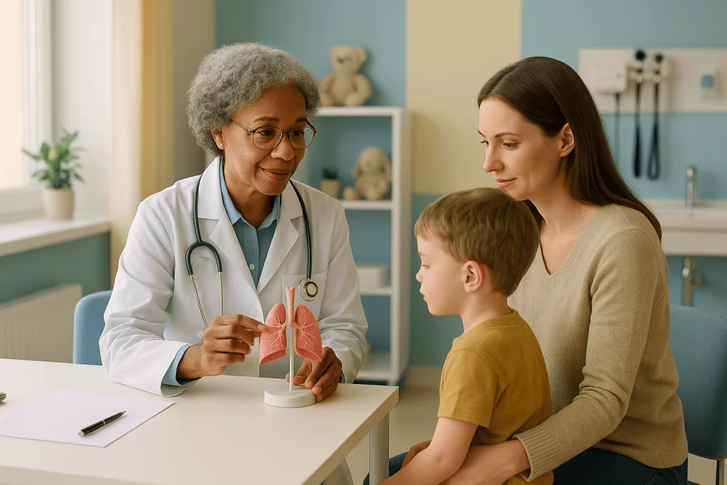 Neonatal Respiratory Distress Syndrome 1 Pediatric doctor explaining neonatal respiratory issues to mother and child.