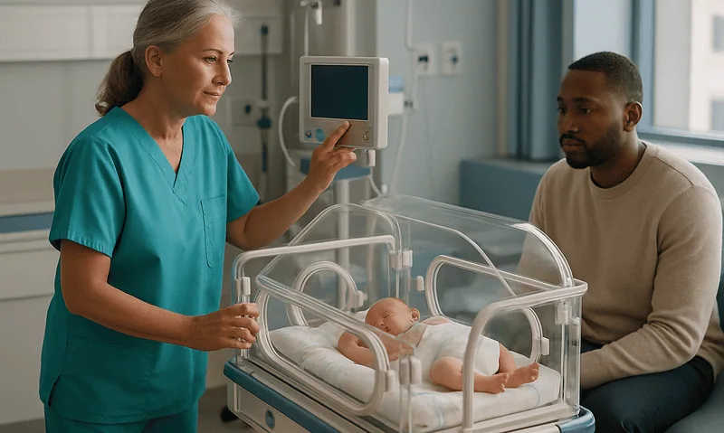 Neonatal care specialist with a newborn in incubator at Acibadem Hospital.