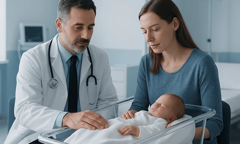 Doctor examining a newborn in a hospital neonatal unit.