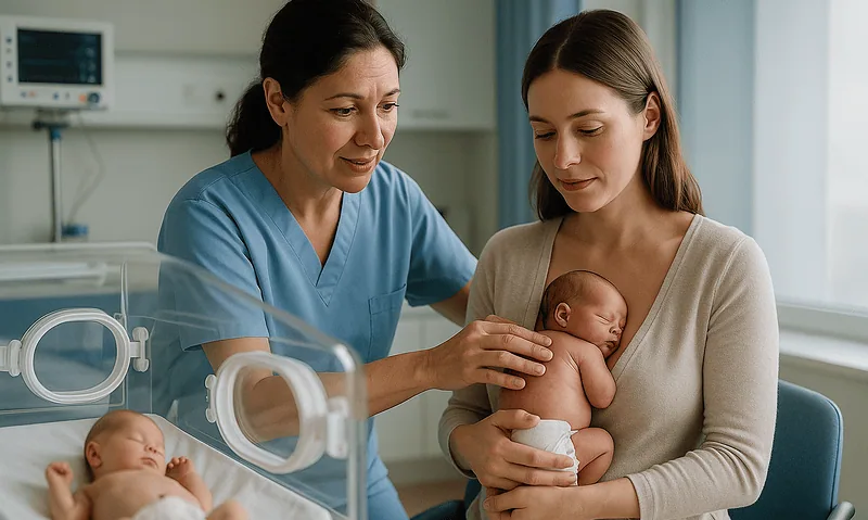 Mother holding newborn in hospital with nurse nearby, neonatal care setting.