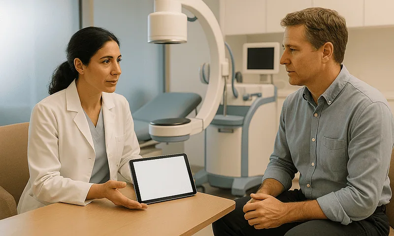 Doctor consulting with patient in a medical examination room at Acibadem Hospitals.
