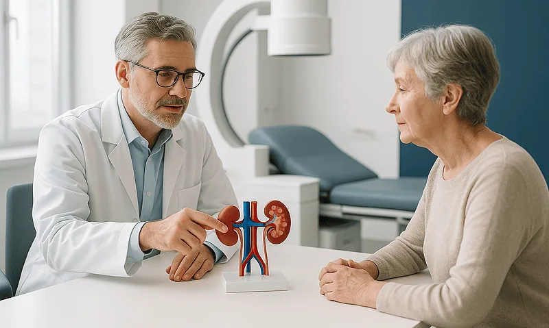 Urologist explaining kidney health to elderly woman with kidney model.