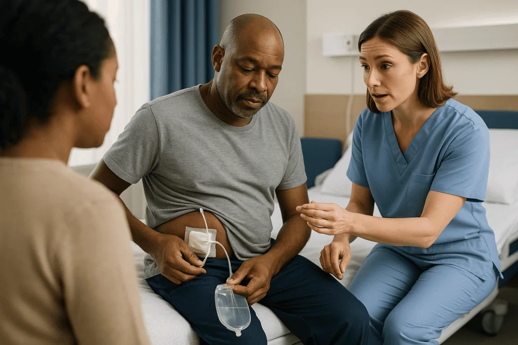 Healthcare provider consulting with patient in hospital room: Nephrostomy tube care for family: getting through the first ni