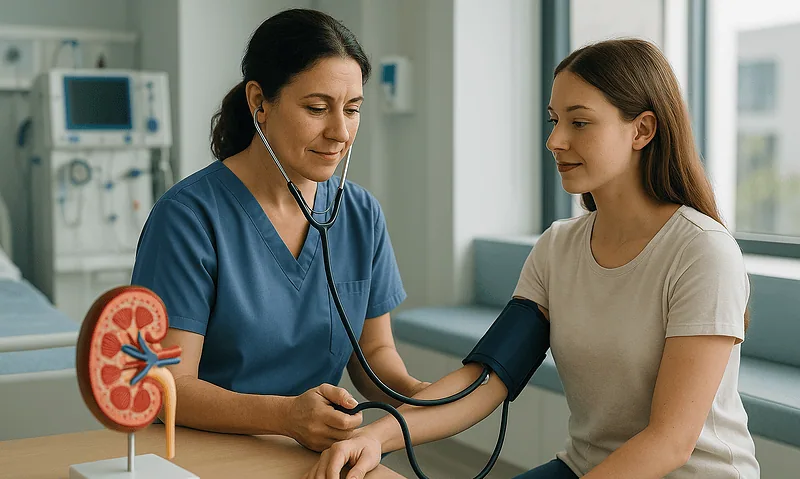 Doctor measuring patient's blood pressure in a hospital setting.