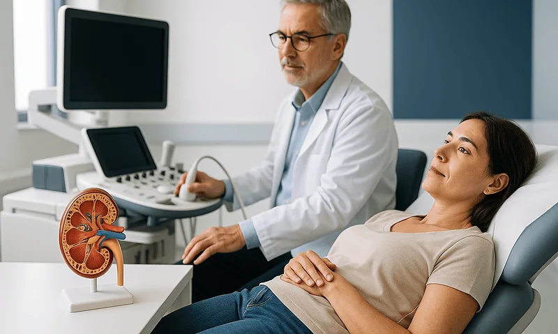 Urologist consulting with a female patient in a medical office.