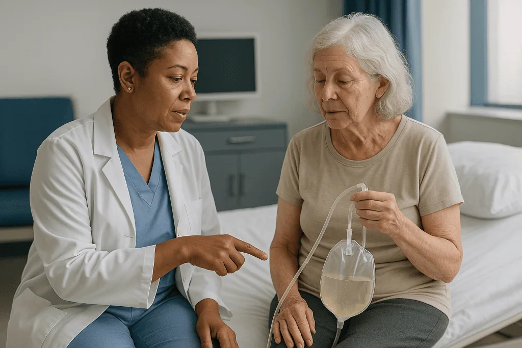 Healthcare provider consulting elderly patient with catheter bag — Nerve damage, catheters and prolapse: the other reasons ur
