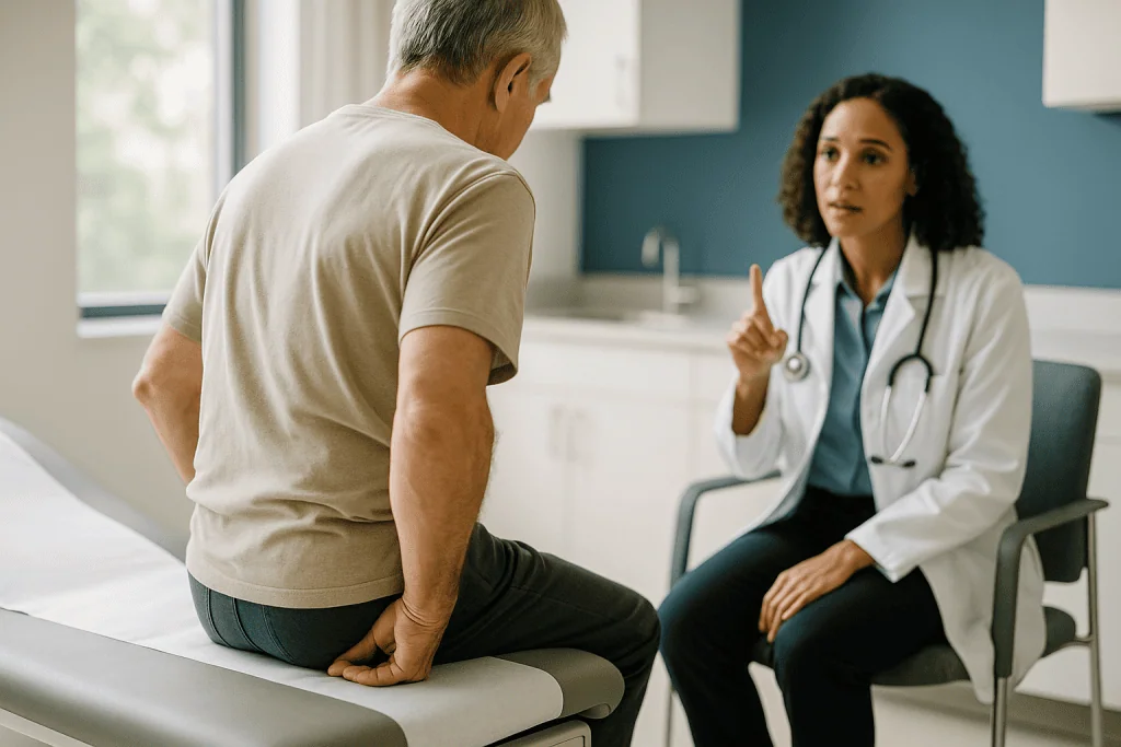 Doctor consulting with older male patient in clinical setting: Nerve factors: why the signal between rectum and brain gets l
