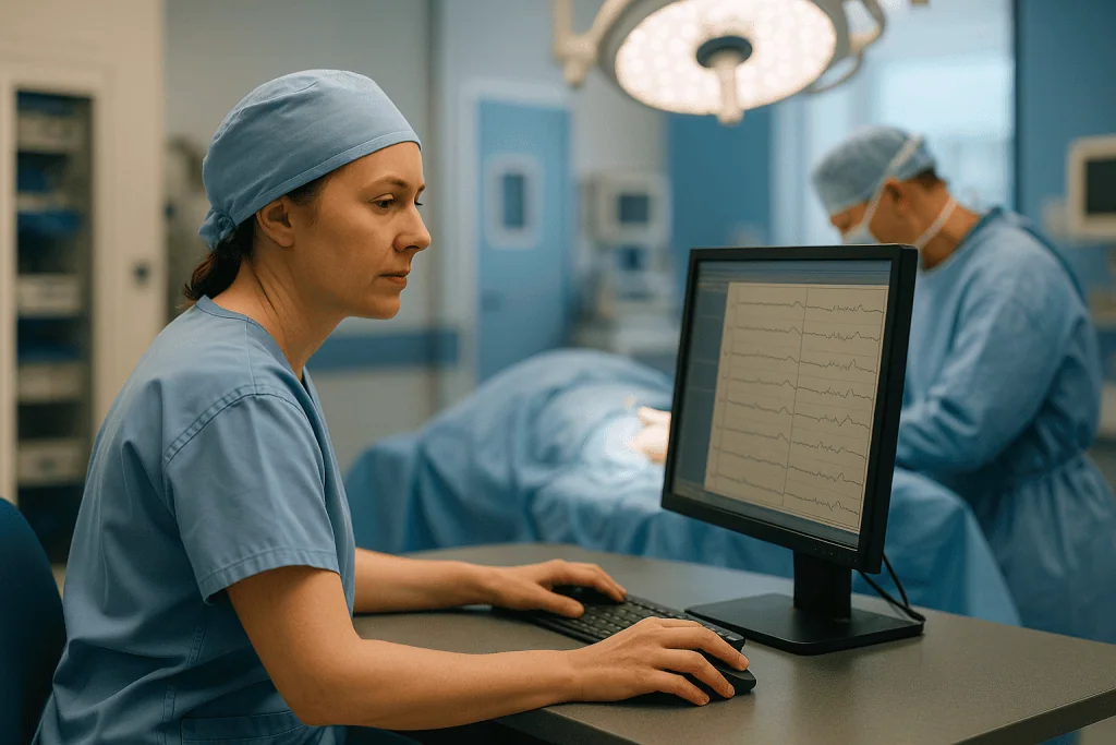 Female surgeon monitoring cardiac/vital signs during surgery: Nerve monitoring: how the team watches the spinal cord during 