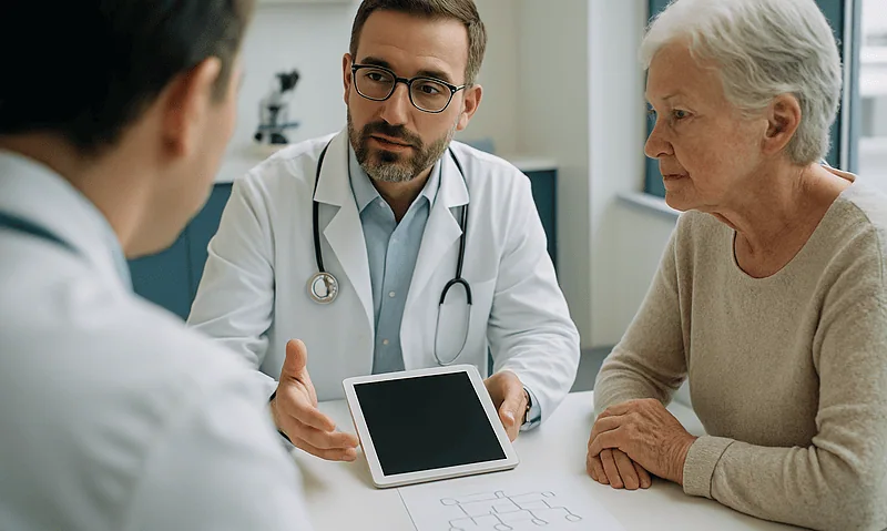 Doctor consulting with elderly patient in a medical office setting.