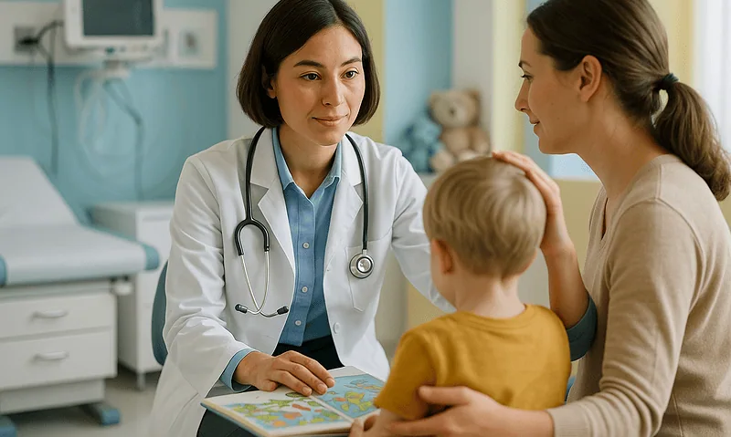 Pediatric consultation at Acibadem Hospital with doctor and mother.