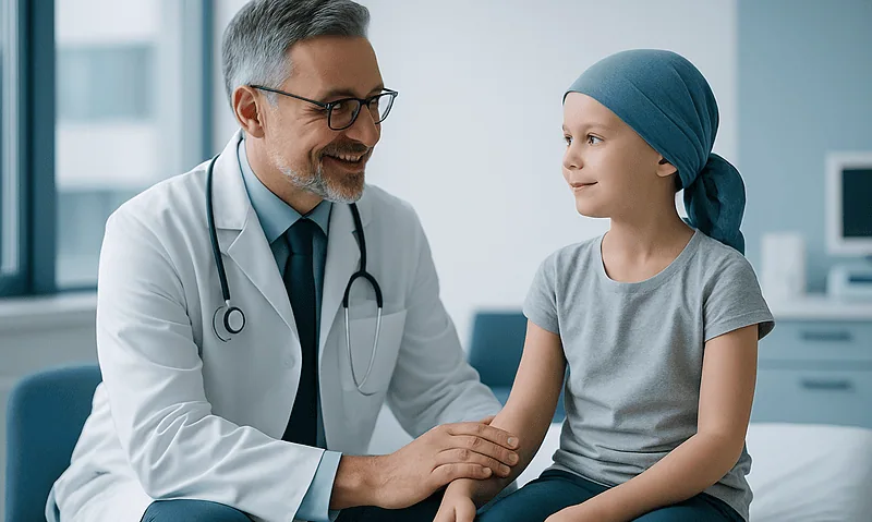 Doctor talking to young girl with a headscarf in a hospital room.