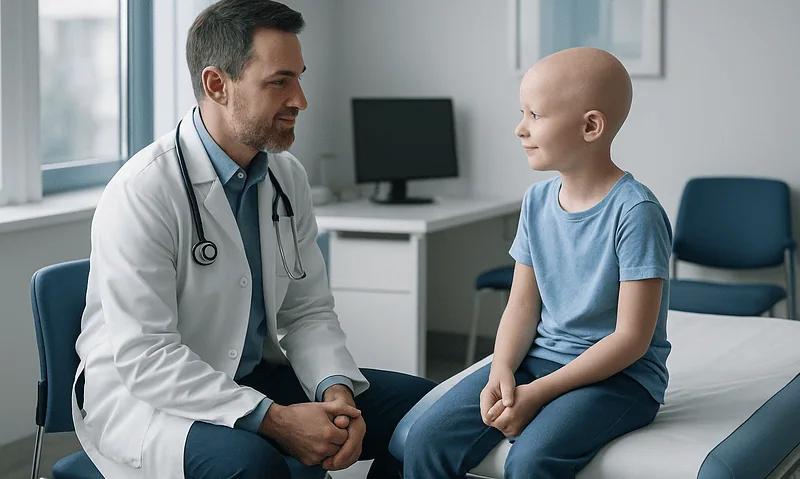 Pediatric doctor consulting with young patient in hospital room.