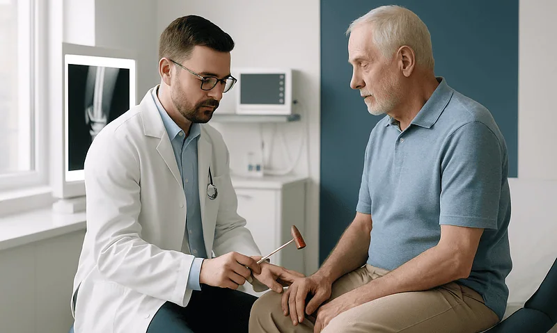 Doctor explaining neurological condition to an elderly patient in a clinic.