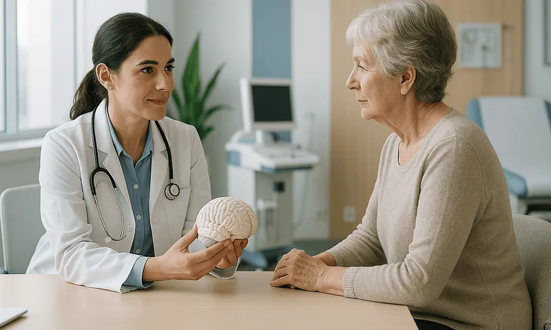Doctor explaining brain health to elderly patient in a medical consultation.