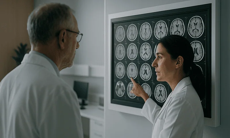 Medical professionals reviewing brain MRI scans in a hospital setting.