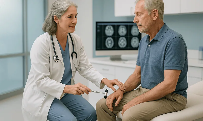 Doctor consulting with an elderly male patient in a hospital setting.