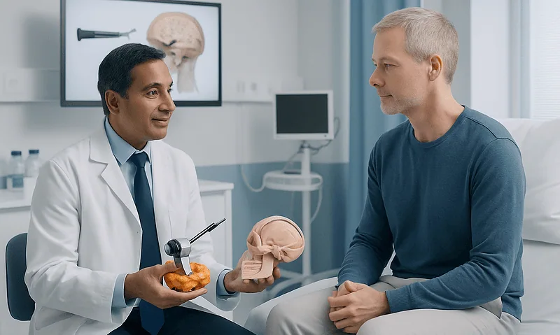 Neurosurgeon explaining brain anatomy to patient in consultation room.