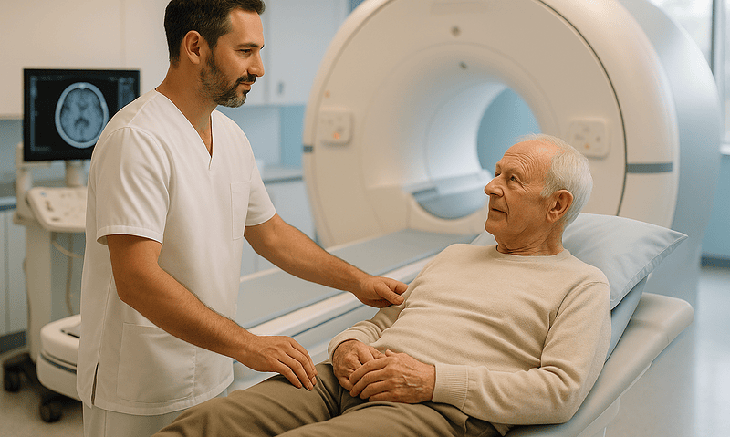 Doctor consulting elderly patient before MRI scan at Acibadem Hospital.