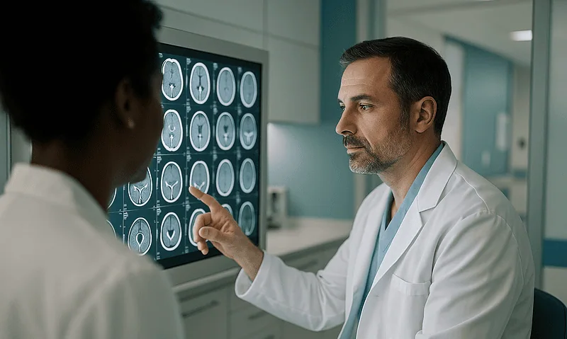 Doctor explaining brain scan results to a patient in a hospital setting.
