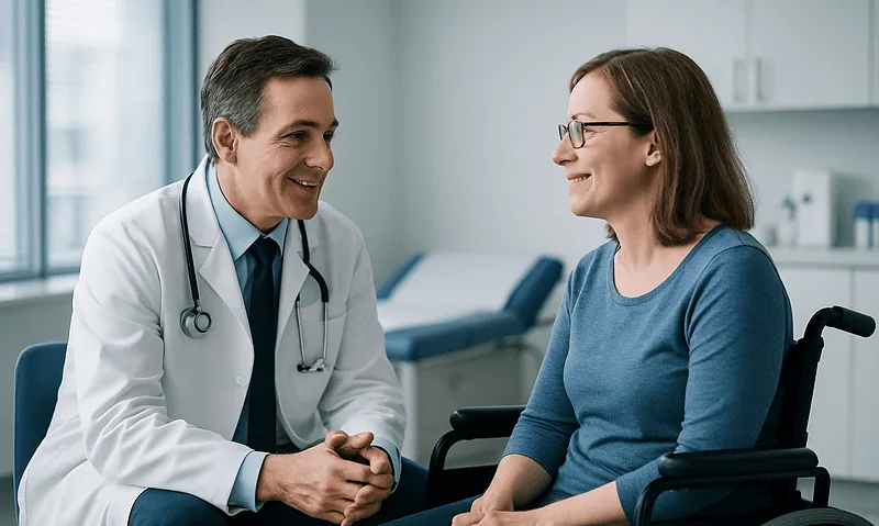 Doctor consulting with a female patient in a hospital room.